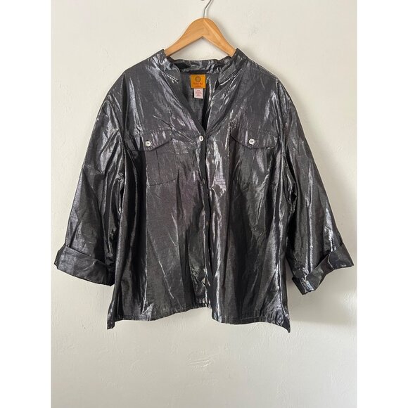 Ruby Rd. Metallic Button-Down Shirt For Women 3X Shiny Black Gray Cotton Blend - Picture 2 of 9